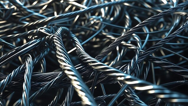 Close-up view of tangled metallic steel cables, showing intricate details.