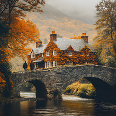 A couple walking across an arched stone bridge toward an ivy-covered red stone cottage, nestled among orange and golden trees, with distant misty mountains rising behind the house,