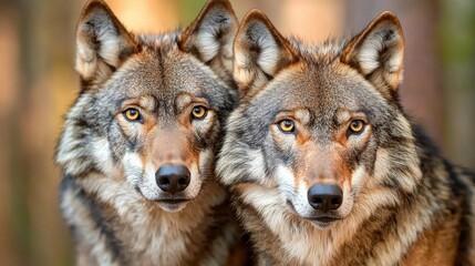 Fototapeta premium Two Wolves Intense Gaze Closeup Portrait Autumn Forest