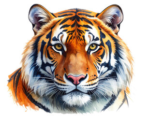 Fototapeta premium Watercolor Illustration of Majestic Tiger Head Close-Up, isolated on transparent background PNG