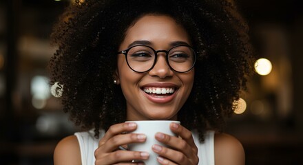 A cheerful woman with glasses and curly hair smiles broadly while holding a coffee cup.