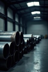 Industrial steel pipes stacked neatly in a warehouse setting, showcasing a dimly lit interior with a focus on the metallic texture and cylindrical forms.