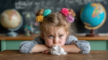 Young schoolgirl feeling unwell with tissues at her desk in a colorful classroom setting, struggling through a rough day