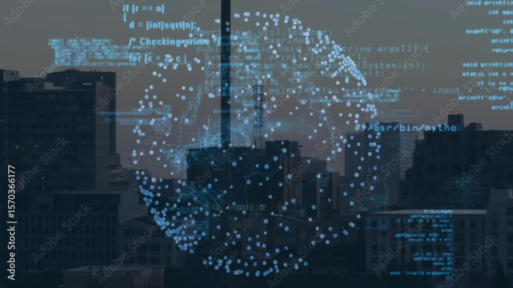 Poster blue code appearing over city starting 3d sphere rotating pulsing fading showing data streams