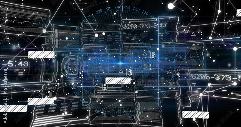 Poster digital hud streaming data panels and nodes triggered by glowing beam showing real-time analytics