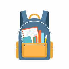 Open backpack design with school supplies like notebooks, pencils, and a ruler, ideal for education themed projects.