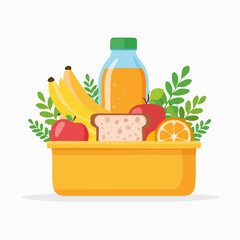 Healthy lunchbox design features a balanced assortment of fruits, juice, and sandwich, promoting nutrition and well-being.