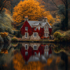 A calm river reflecting brilliant autumn trees and an ivy-covered stone cottage on the far bank, golden and crimson leaves surrounding the scene, warm afternoon glow, perfect mirror effect.