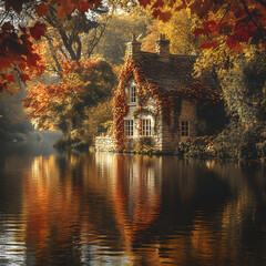 A calm river reflecting brilliant autumn trees and an ivy-covered stone cottage on the far bank, golden and crimson leaves surrounding the scene, warm afternoon glow, perfect mirror effect.