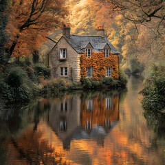 A calm river reflecting brilliant autumn trees and an ivy-covered stone cottage on the far bank, golden and crimson leaves surrounding the scene, warm afternoon glow, perfect mirror effect.