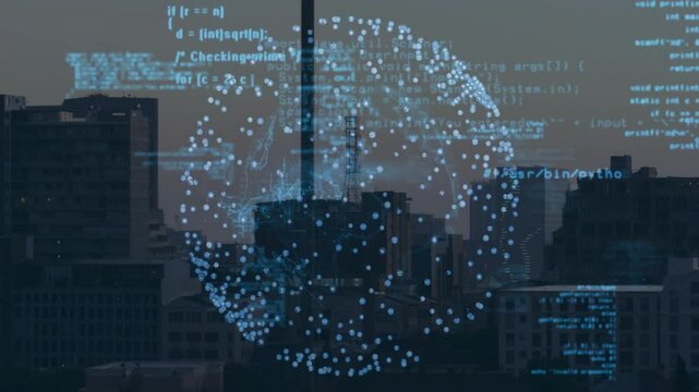 Blue code appearing over city starting 3D sphere rotating pulsing fading showing data streams