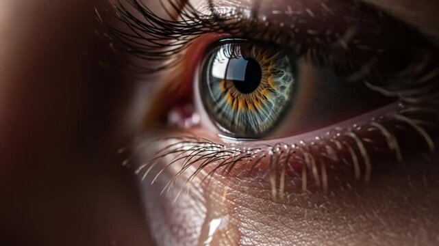 Close-up of a human eye with a tear rolling down the cheek, conveying sadness and emotion