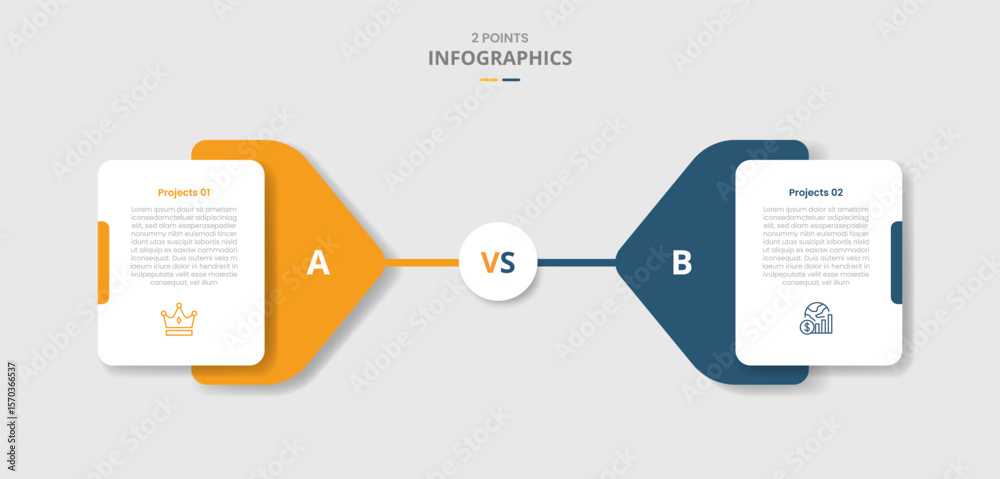 Poster 2 points comparison versus for infographic with arrow badge layer on behind stacked with drop shadow with two point list information