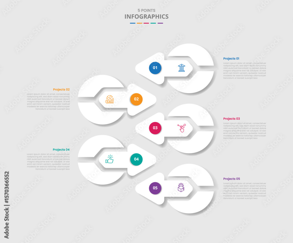 Poster 5 points template infographic with big circle arrow opposite direction on stacked list with drop sha