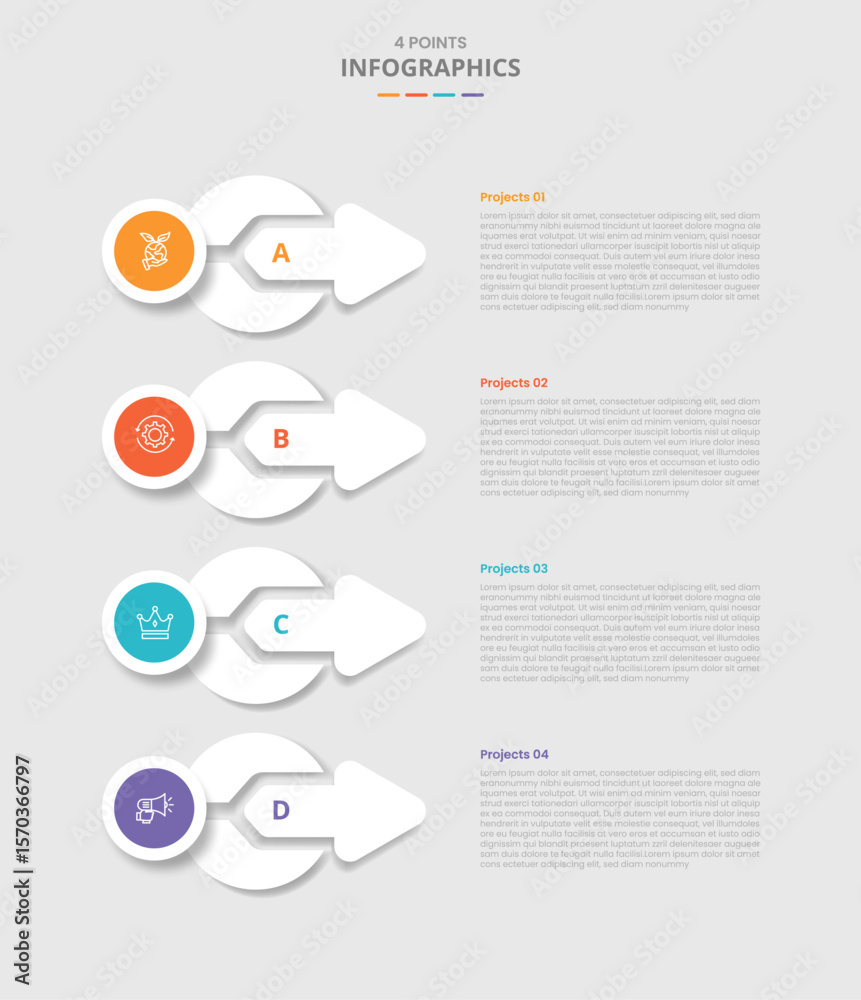 Poster 4 points template infographic with circle arrow merge shape on stacked list with drop shadow style with four stage list information