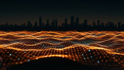 A digital cityscape skyline glows with orange light over a network grid - Powered by Adobe
