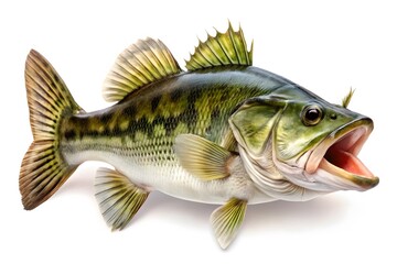 Fototapeta premium A detailed realistic portrayal of a large largemouth bass with its mouth open isolated on a white background