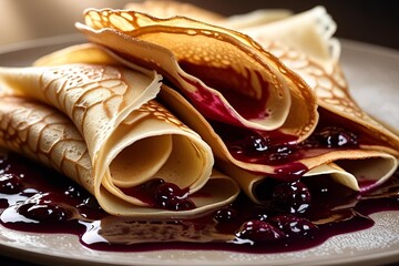 Delicate Rolled Crepes with a Rich Berry Jam Filling