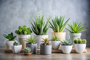 A diverse collection of potted succulent and cactus plants displayed on a wooden surface