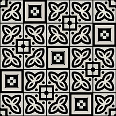 Black and white seamless petal and square illustration, vintage tile pattern