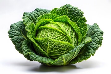 Fototapeta premium A fresh green savoy cabbage with intricate leaf veins on a white background