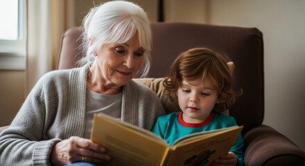 Fototapeta premium Grandmother reading a book to her grandson while sitting in a comfortable chair in a cozy living room