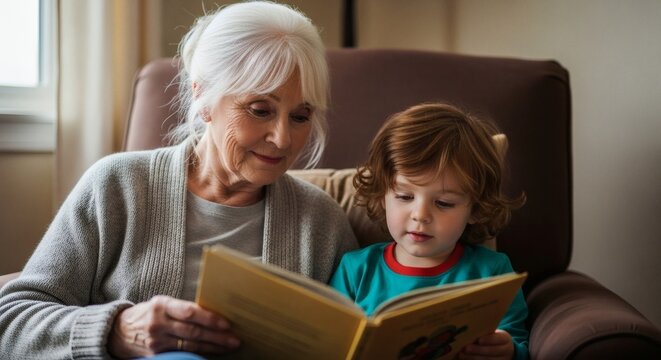 Grandmother reading a book to her grandson while sitting in a comfortable chair in a cozy living room - Powered by Adobe