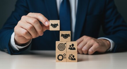 Businessman stacking wooden blocks with business icons representing success and teamwork