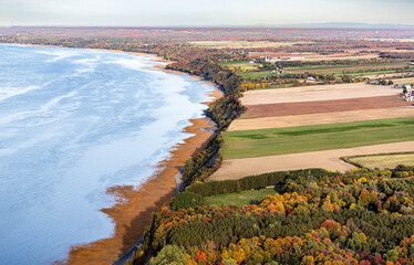 Aeral photo of St. Lawrence River Magnificent Quebec, along the River by Fall and color 