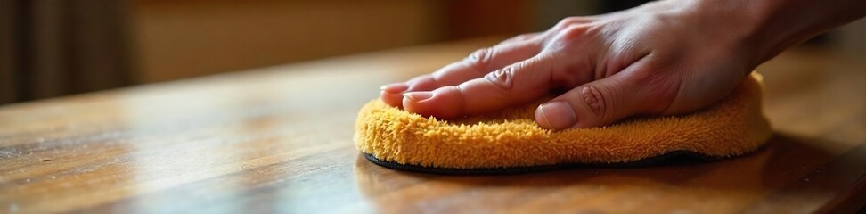Polishing Wood Close-up of a Soft Cloth Buffing Rich, Warm Wooden Surface to a Gleaming Shine Indoors