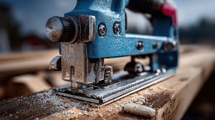 Fototapeta premium Close-up of a blue electric staple gun securing staples into wooden planks during construction work.