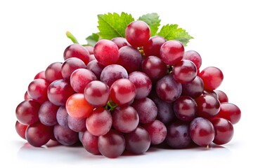 A plump bunch of ripe red grapes with vibrant green leaves against a clean white background