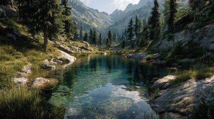 Serene mountain lake with clear turquoise water and pine trees image