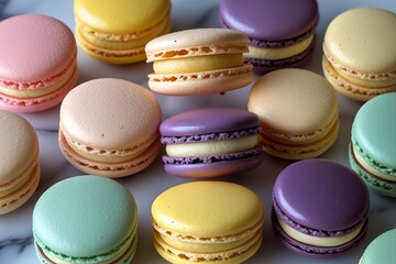 Fototapeta premium Creative Still Life of Colorful Macarons with a Levitating Cookie