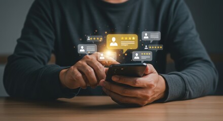 Customer leaving a positive review and rating on a smartphone app