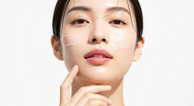 スキンケア 化粧品を顔に塗る美肌のアジア人女性	