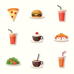 Food & Beverage Flat Icon Set – Minimalist Pizza, Sushi, Coffee & More (Vibrant Pastel UI/UX Vector Illustrations Editable)