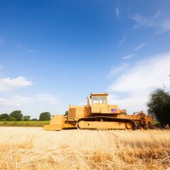 Obraz premium Wide angle view of a farmer steering an AI powered tractor across a golden field under a blue sky, US flag fluttering from the cab.