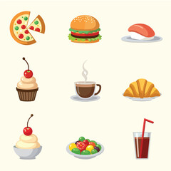 Food & Beverage Flat Icon Set – Minimalist Pizza, Sushi, Coffee & More (Vibrant Pastel UI/UX Vector Illustrations Editable)