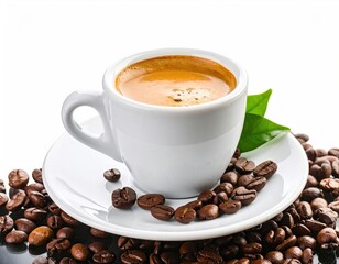 Espresso in white cup with coffee beans