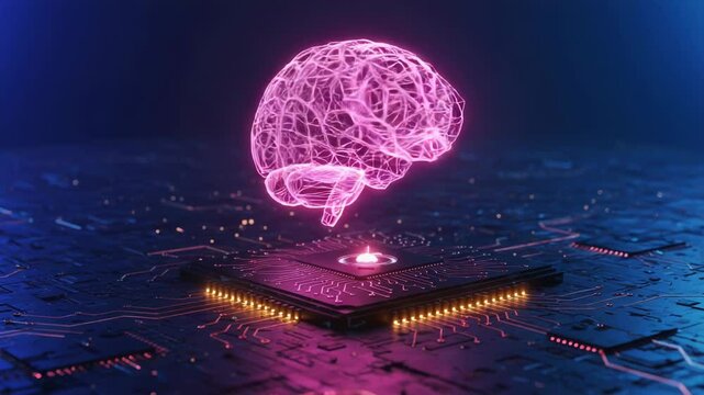 A glowing brain sits atop a computer chip representing artificial intelligence