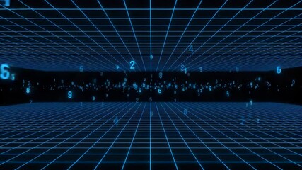 A blue digital grid extends into a virtual space with floating numbers - Powered by Adobe