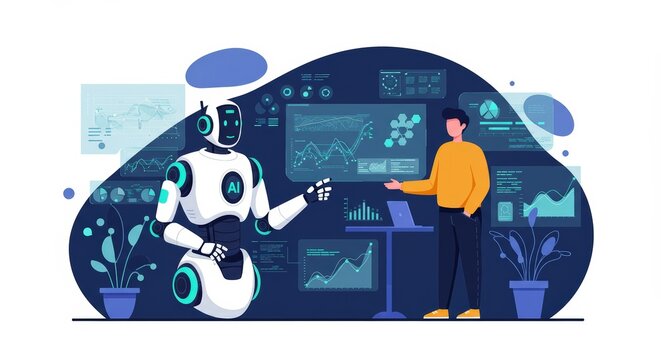 AI Robot Explaining Data Analysis to a Man with Charts and Graphs