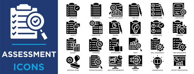 assessment, evaluation, review, quality, technology, document icon set. Outline icons collection. Simple vector illustration