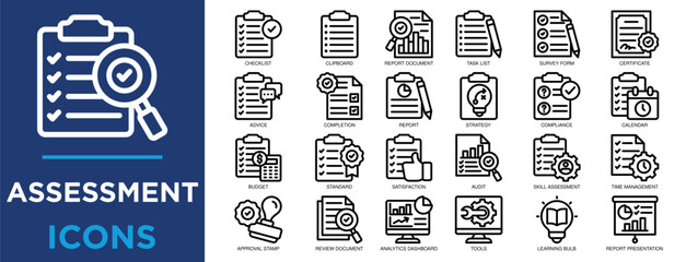 assessment, evaluation, review, quality, technology, document icon set. Outline icons collection. Simple vector illustration
