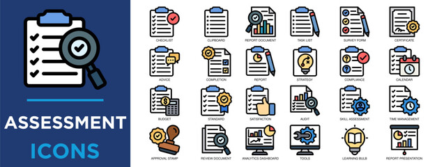 assessment, evaluation, review, quality, technology, document icon set. Outline icons collection. Simple vector illustration