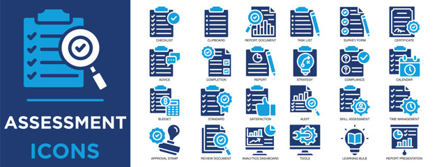 assessment, evaluation, review, quality, technology, document icon set. Outline icons collection. Simple vector illustration