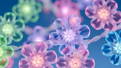 Close Up Pastel Flower Shaped String Lights Glowing Softly Against Blue Background - Powered by Adobe
