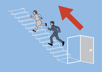 扉を開けて階段をかけあがる男女と上向き矢印