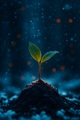 Green Seedling Growing in Soil with Dark Bokeh Background